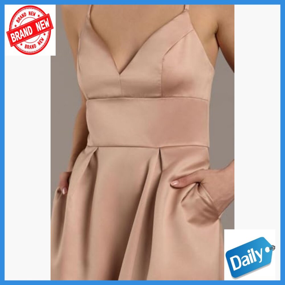 Satin Empire Waist Ball Gown Formal Dress V-Neck Sleeveless - Picture 4 of 5